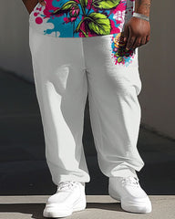 Men's Plus Size Street Fashion Graffiti Rose Print T-Shirt Trousers Suit
