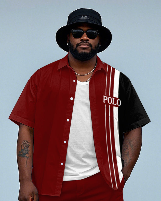 Big Men's Simple POLO Letter & Splicing Color Block Printed Short Sleeve Shirt Shorts Set