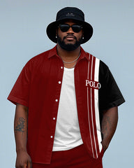 Big Men's Simple POLO Letter & Splicing Color Block Printed Short Sleeve Shirt Shorts Set