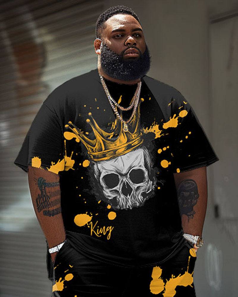 Men's Plus Size Casual Skull Graffiti Splash Ink Print T-Shirt Shorts Set