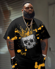 Men's Plus Size Casual Skull Graffiti Splash Ink Print T-Shirt Shorts Set