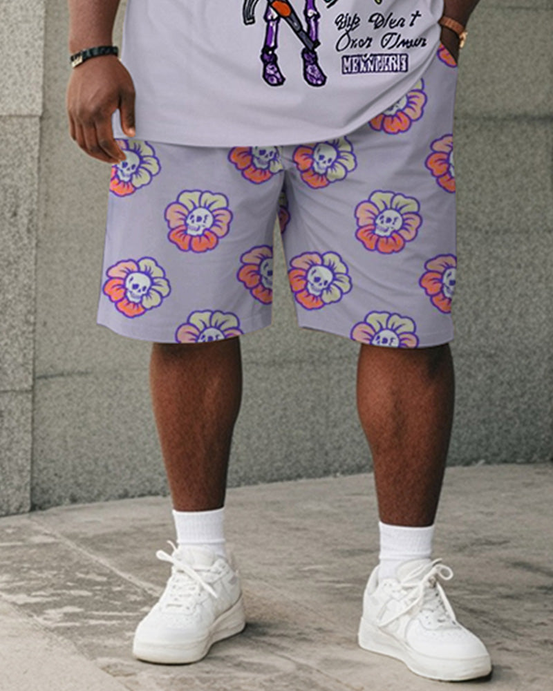 Big & Tall Men's Purple Skull Graffiti Flower Print Round Neck Short Sleeve T-Shirt Shorts Suit