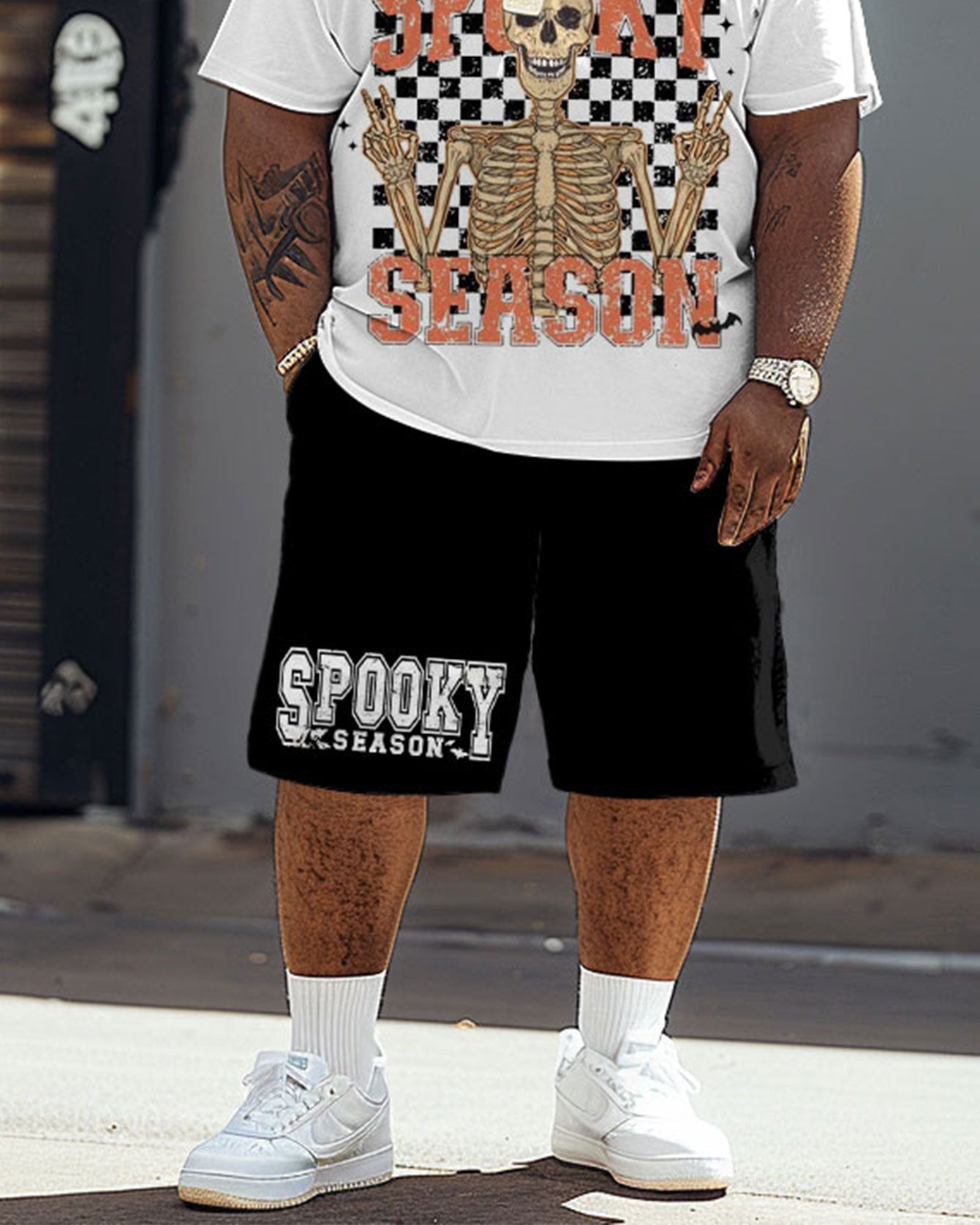 Men's Plus Size Spooky Season Checkerboard Print T-Shirt Shorts Suit