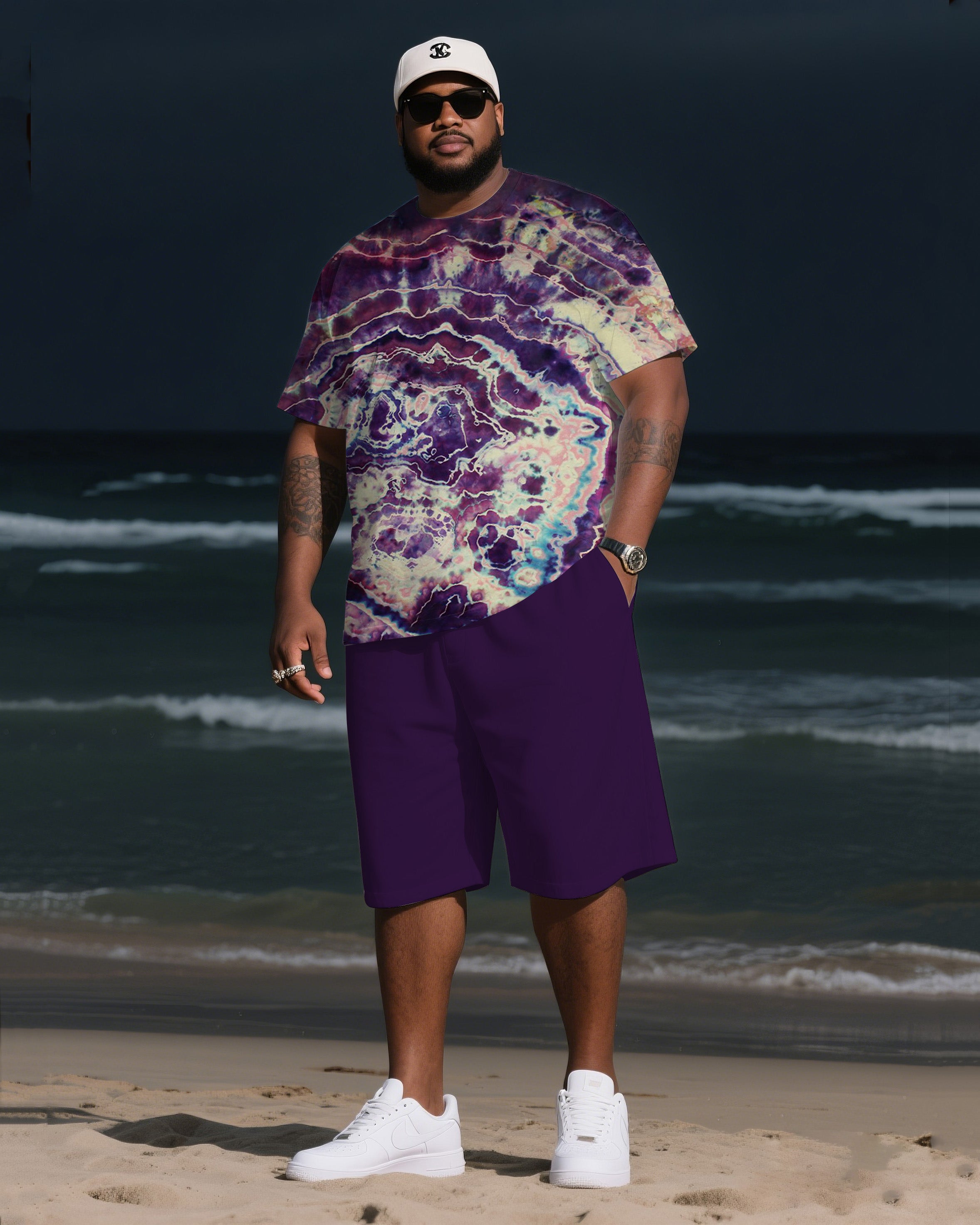 Men's Plus Size Tie-dye Reverse-dye Crystal Hole Round Neck T-shirt Shorts Suit