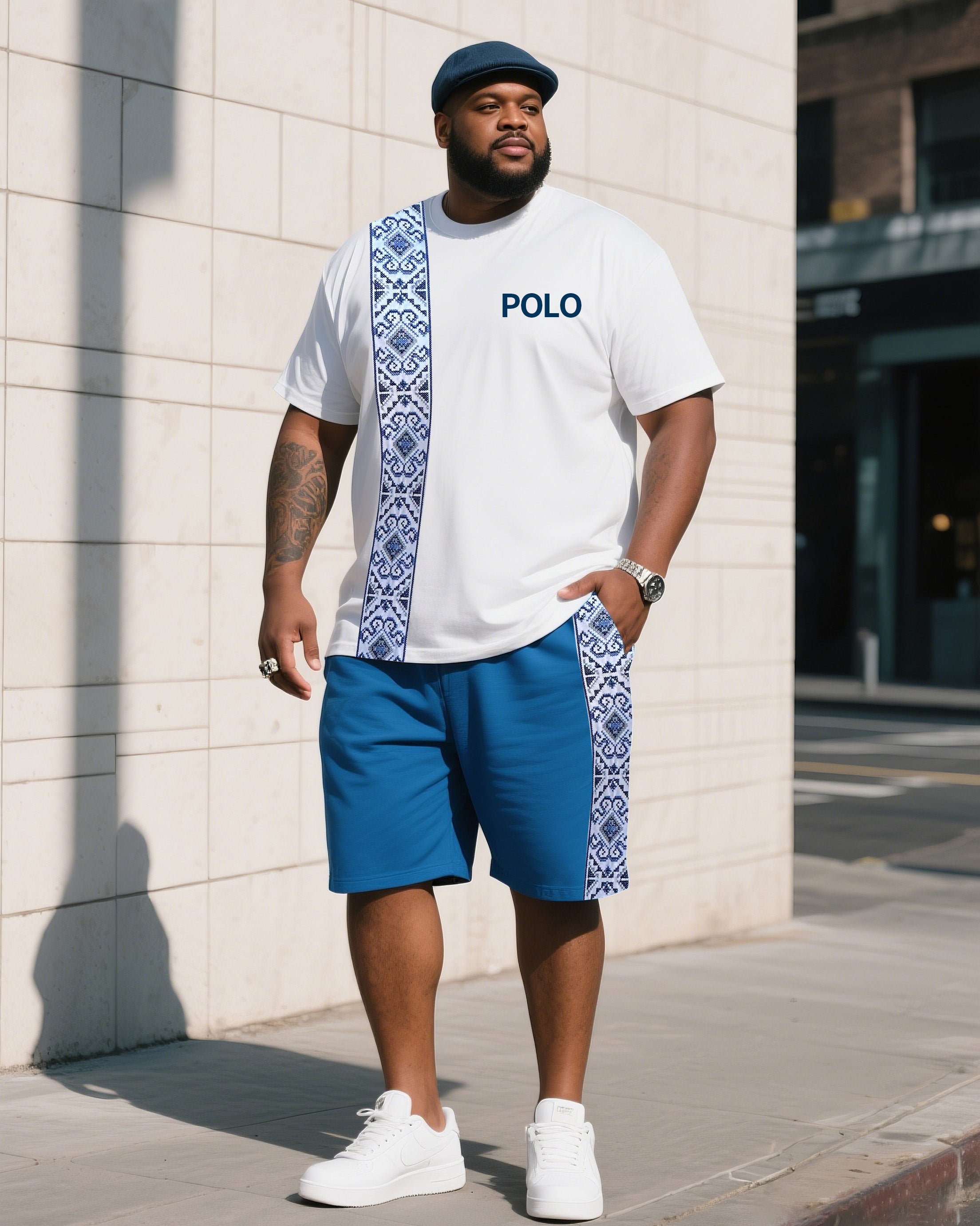 Men's Plus Size White With Blue Creative Stripe Polo English Print T-Shirt Shorts Suit
