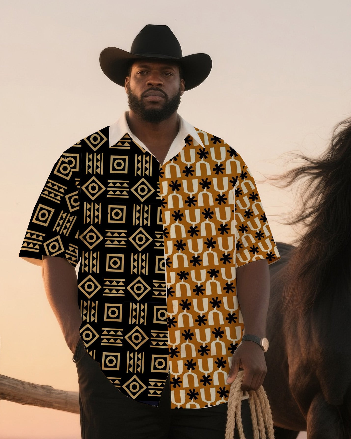 Big & Tall Men's Daily Leisure Western Style Ethnic Style Stitching-Short Sleeve Shirt And Pants Suit