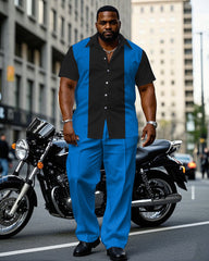 Men's Plus Size Blue & Black Simple Colorblock Short Sleeve Shirt Pants Suit