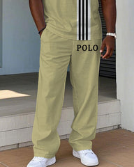 Men's Big & Tall Khaki Fashion Color Slimming Chest Small Label Printed Short-sleeved T-shirt Trousers Set
