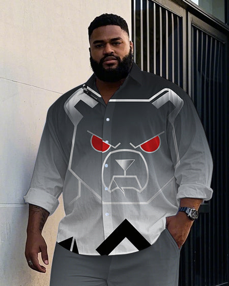 Big Guy's Casual Machine Bear Graffiti Gray Gradient Effect Lapel Long Sleeve Shirt Pants Set