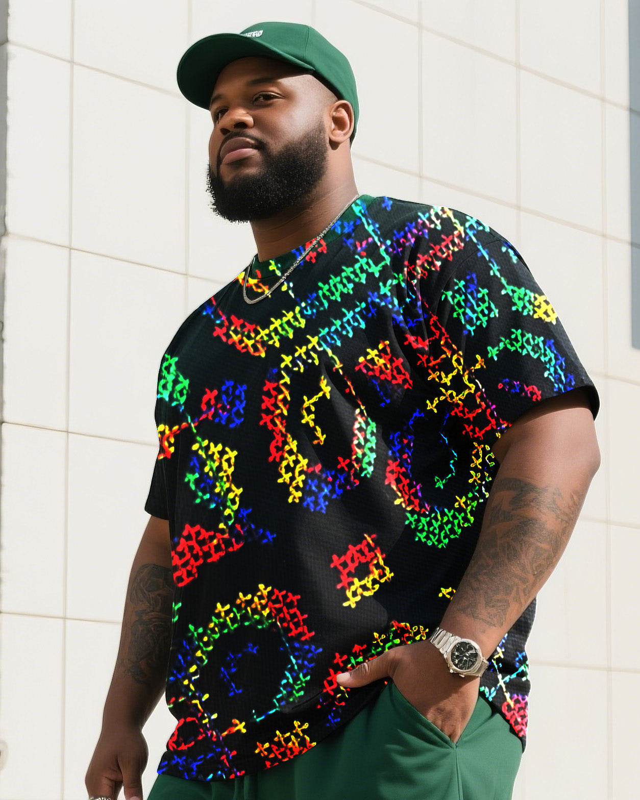 Men's Plus Size Mars Green Fashion Print T-Shirt Shorts Suit