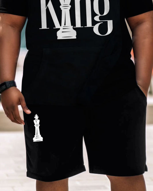 Men's Plus Size Black King Print Short Sleeve T-Shirt Shorts Suit