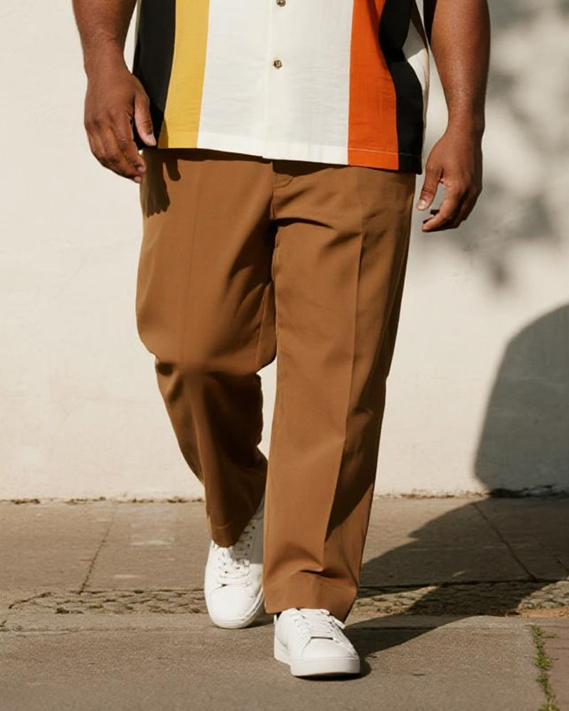 Big & Tall Men's Business Black Yellow Orange Stripe Colorblock Printed Pocket Short Sleeve Shirt Pants Suit