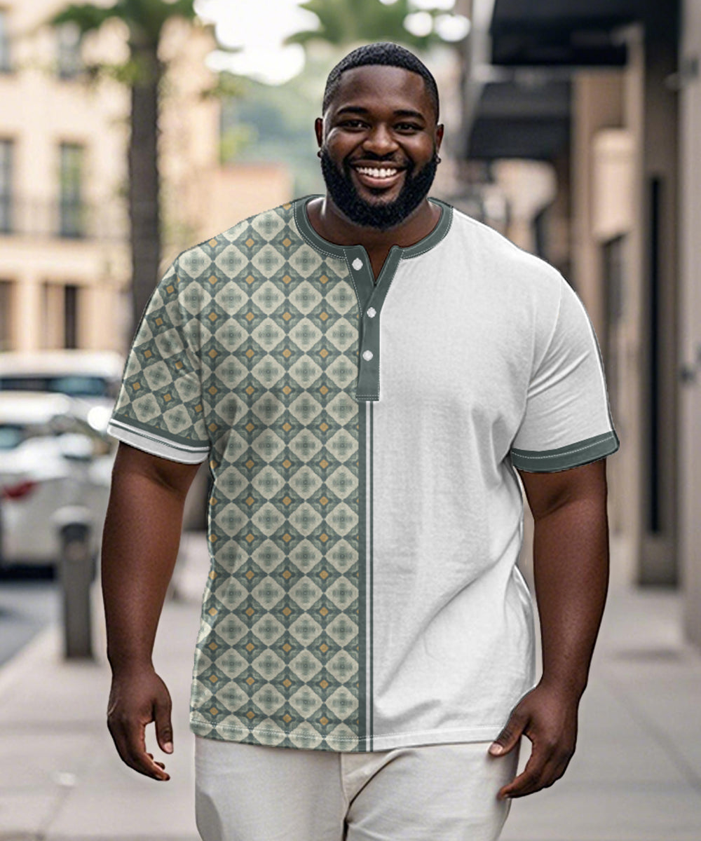 Men's Plus Size Daily Casual Green Stitching Diamond Print Henry Collar Button Short Sleeve T-Shirt