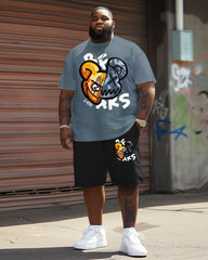 Guy's Big and Tall Street Casual Split Bear Print T-Shirt Shorts Set