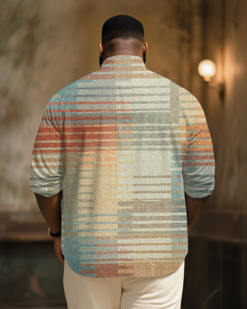 Big & Tall Men's Vintage Ethnic Stripe Art Print Long Sleeve Bamboo Hemp Texture Shirt