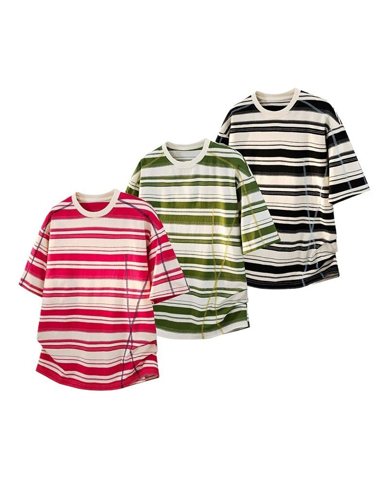 M-5XL Striped Loose Hasselblad Round Neck Short Sleeve