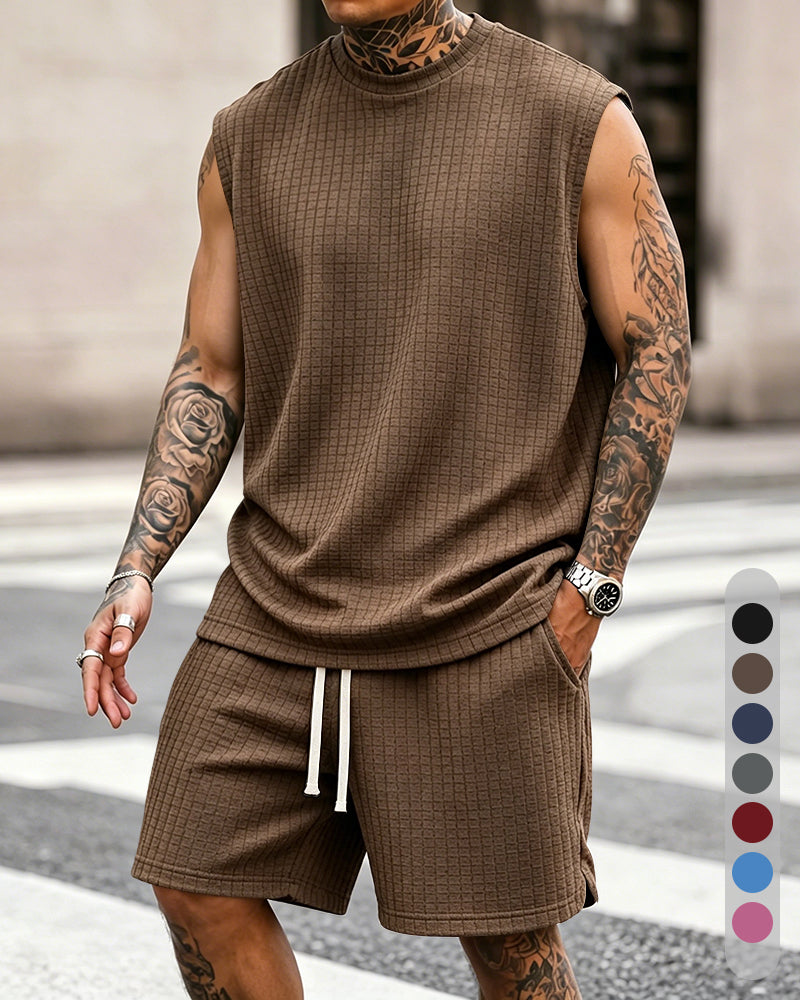 S-8XL Men's Solid-Color Ribbed Sleeveless Vest and Shorts Two-Piece Set