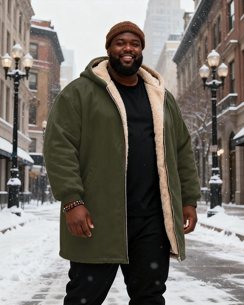 Big & Tall Men's Solid Color Velvet Thickened Long Hooded Coat