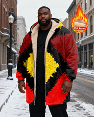 Big & Tall Men's Red, Black And Yellow Contrast Geometric Printed Velvet Padded Long Hooded Coat