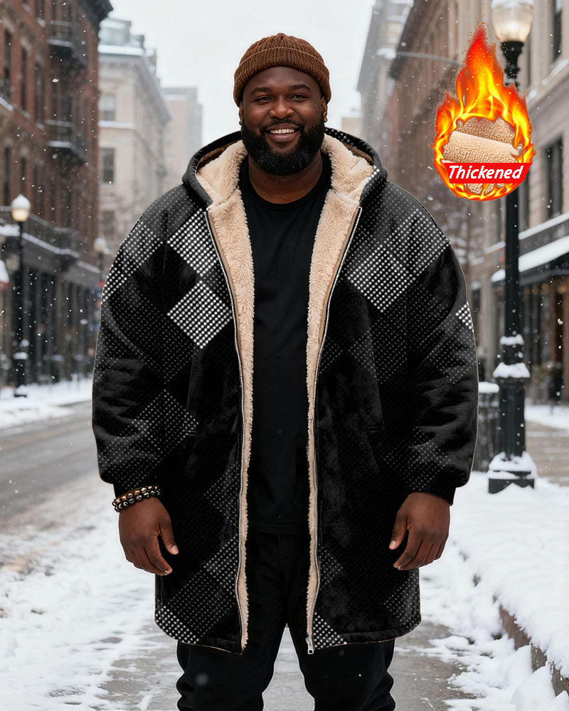 Big & Tall Men's Black White Dot Diamond Velvet Thickened Long Hooded Coat