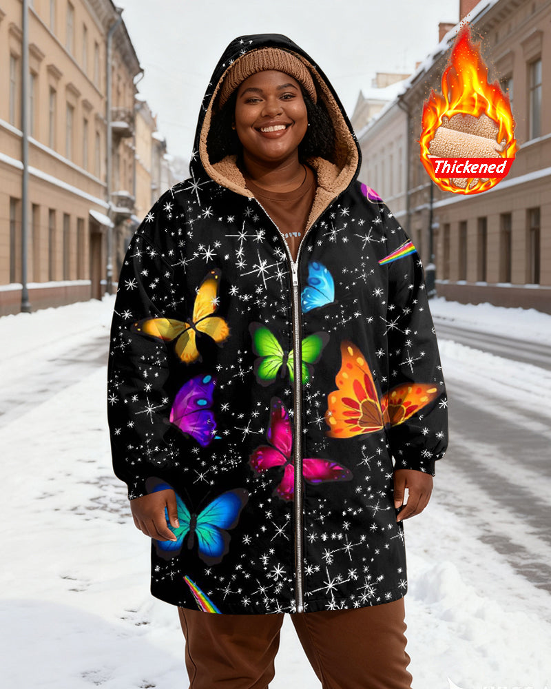 Women's Black Starry Sky Colorful Butterfly Printed Velvet Thickened Long Hooded Coat