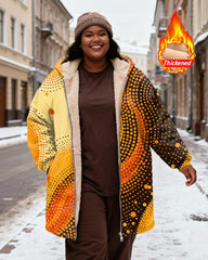 Women's Yellow Orange Brown Gradient Wave Dot Print Velvet Thickened Long Hooded Coat