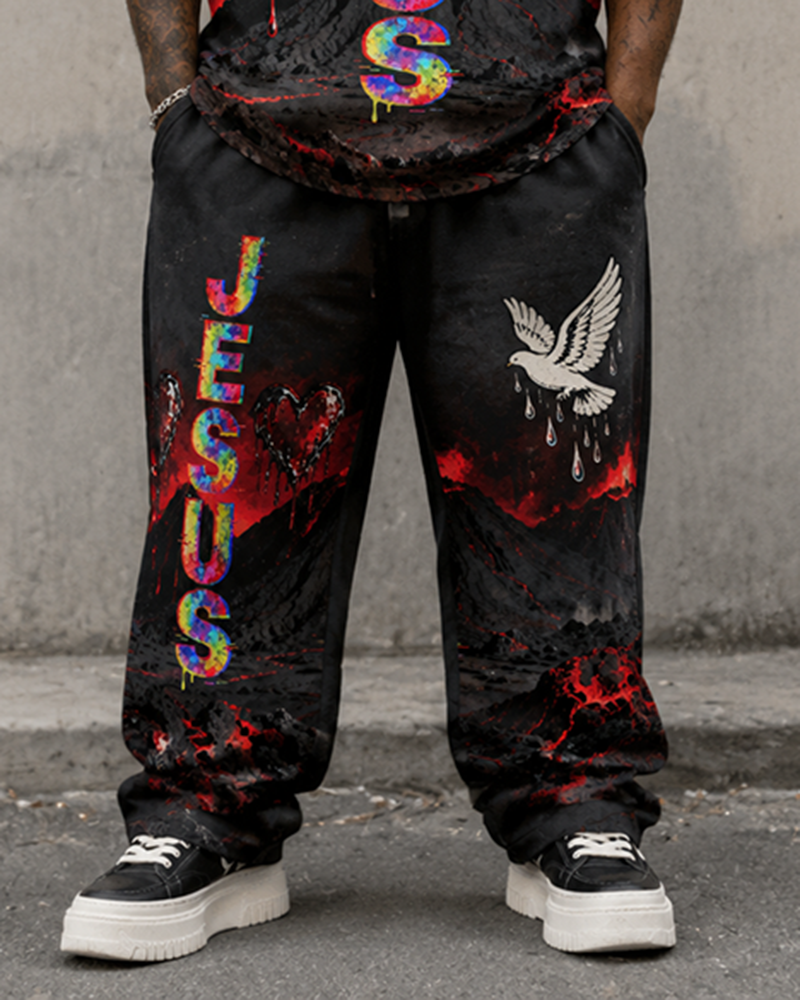Big & Tall Men's JESUS Letter Blood Dropping Love White Dove Printed T-Shirt Pants Set