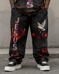 Big & Tall Men's JESUS Letter Blood Dropping Love White Dove Printed T-Shirt Pants Set