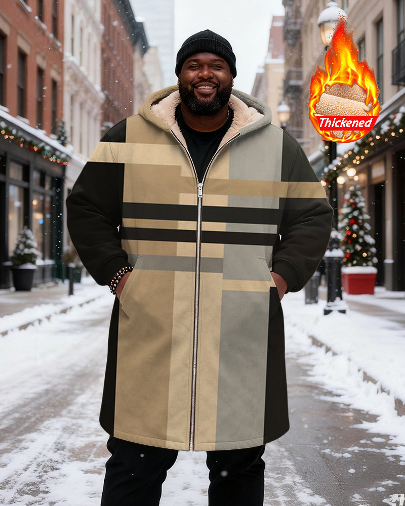 Big & Tall Men's Brown Black Grey Geometric Patchwork Printed Velvet Thickened Long Hooded Coat