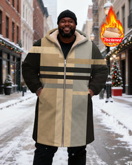 Big & Tall Men's Brown Black Grey Geometric Patchwork Printed Velvet Thickened Long Hooded Coat