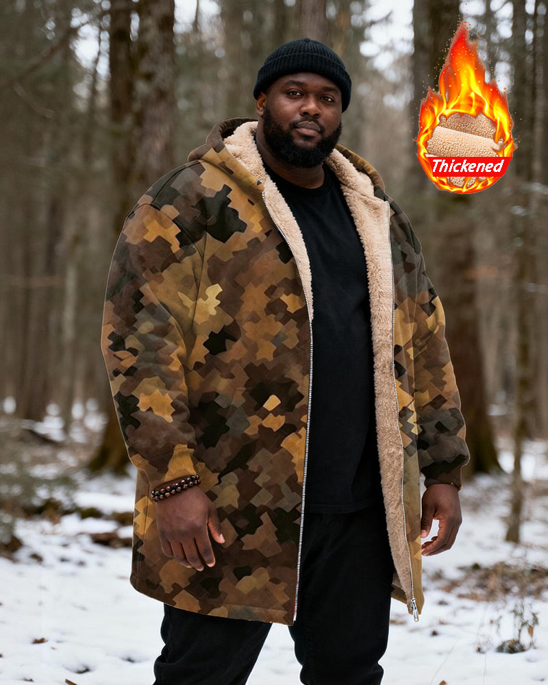 Big & Tall Men's Hunting Style Yellow Brown Black Geometric Camouflage Printed Velvet Thickened Long Hooded Coat