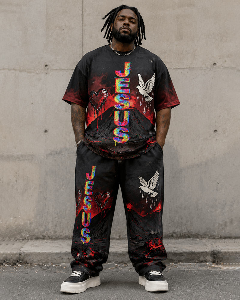 Big & Tall Men's JESUS Letter Blood Dropping Love White Dove Printed T-Shirt Pants Set
