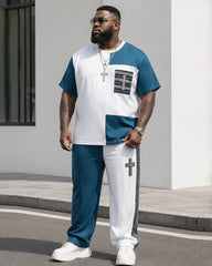 Big & Tall Men's Blue And White Contrast Stitching Cross Printed T-Shirt Pants Set