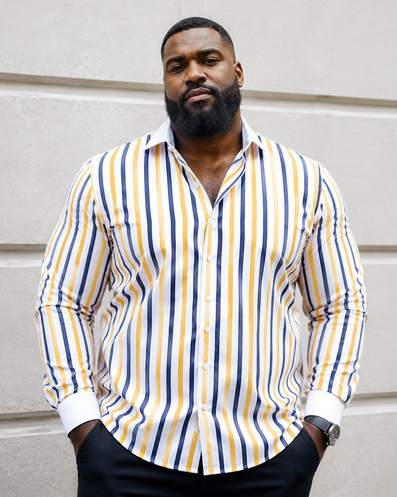 S-3XL Men's Business Stripe Windsor Collar Stretch Long Sleeve Shirt-Free Ironing