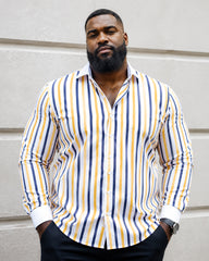 S-3XL Men's Business Stripe Windsor Collar Stretch Long Sleeve Shirt-Free Ironing