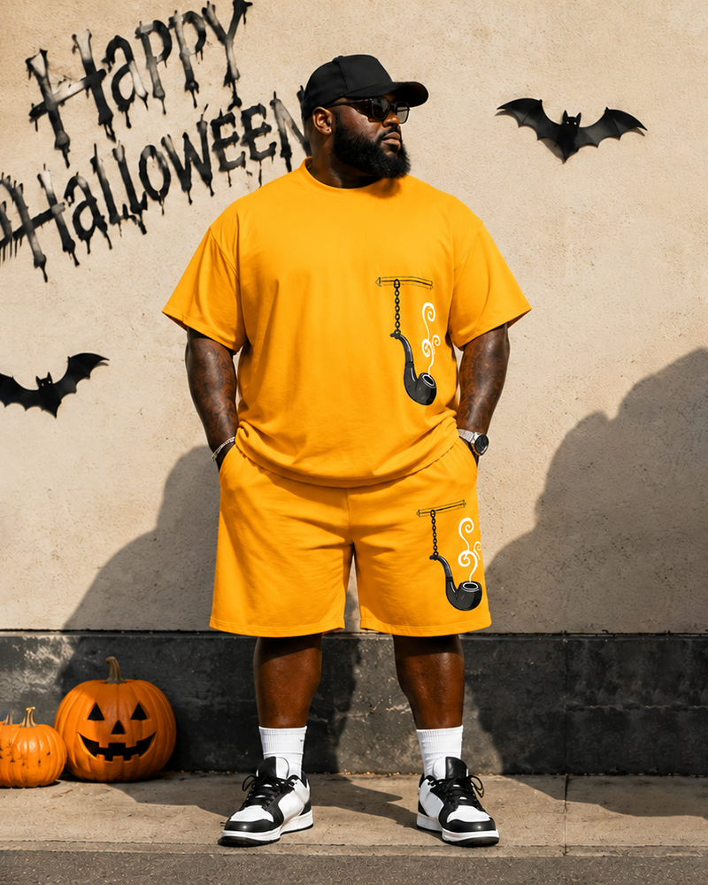 Big & Tall Men's Yellow Retro Hanging Pipe Print Crew-Neck Short-Sleeve T-Shirt And Shorts Set