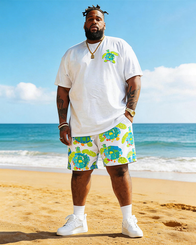 Big & Tall Men's Childish Turtle Print Round Neck Short Sleeve T-Shirt Shorts Set