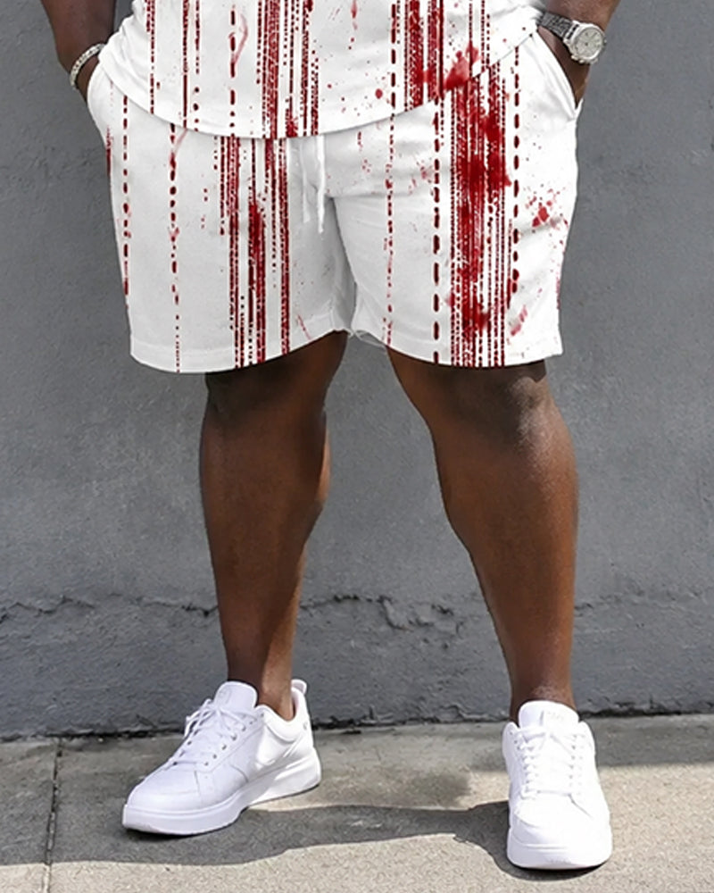 Big & Tall Men's Splash Ink Vertical Stripe FAITH Cross Print POLO Short Sleeve Shorts Set