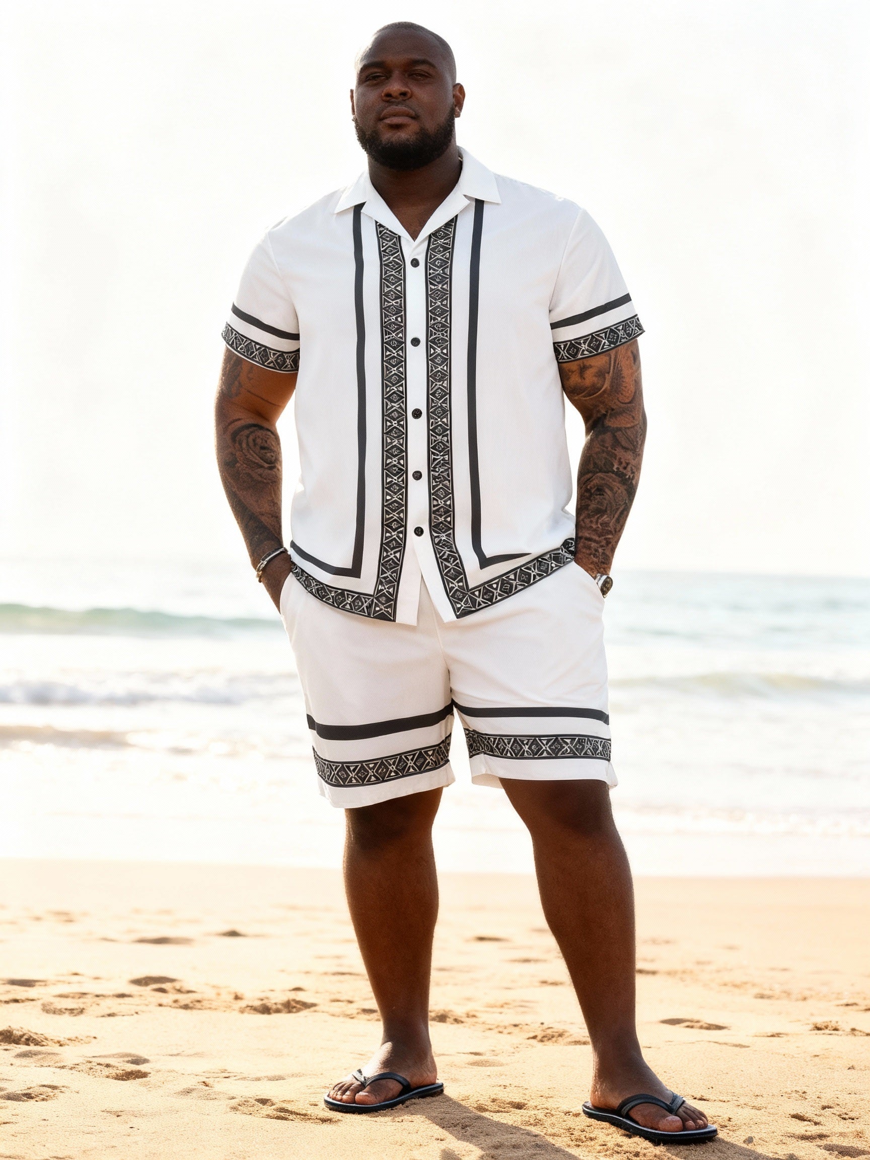 Big & Tall Men's Black And White Ethnic Style Trimmed Printed Short Sleeve Shirt And Shorts Set