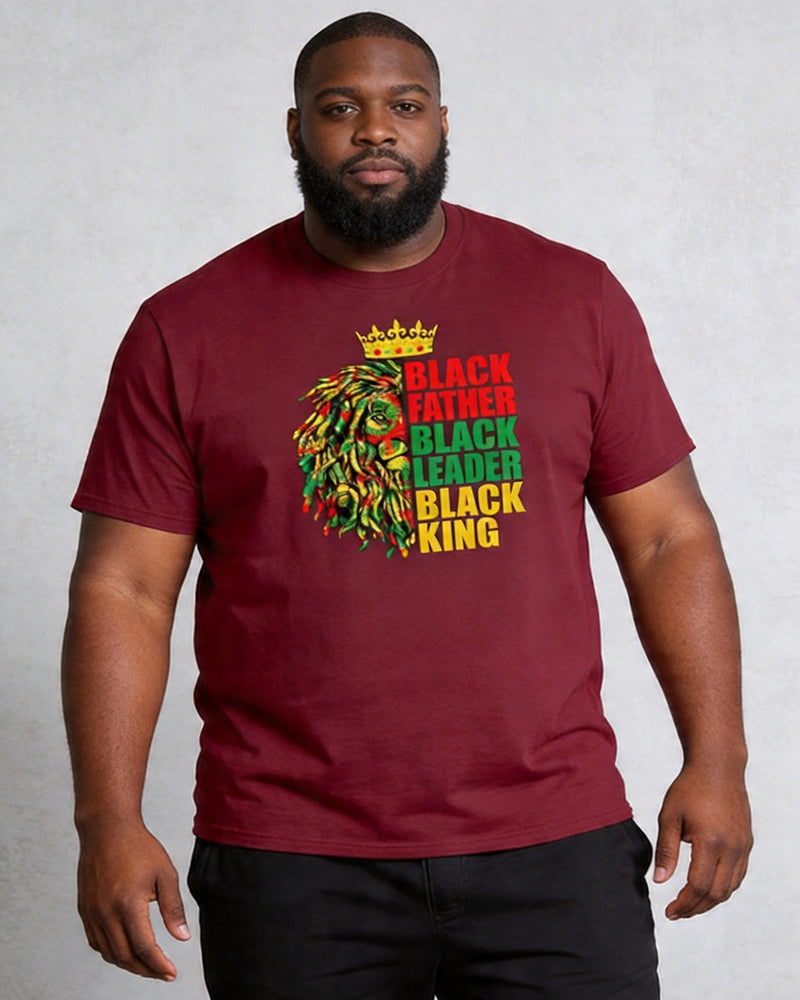 Big & Tall Men's Black Father Lion Red, Yellow, And Green Crown Print Crewneck Short-Sleeve T-Shirt