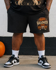 Big & Tall Men's 20.26 Million Halloween Pumpkin Black Cat Spider Splash Ink Printed Round Neck Short Sleeve T-Shirt Shorts Set