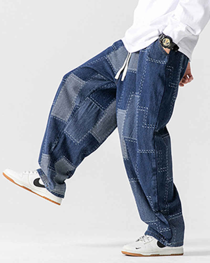 Men's Plus Size Japanese Vintage Patch Jacquard Jeans