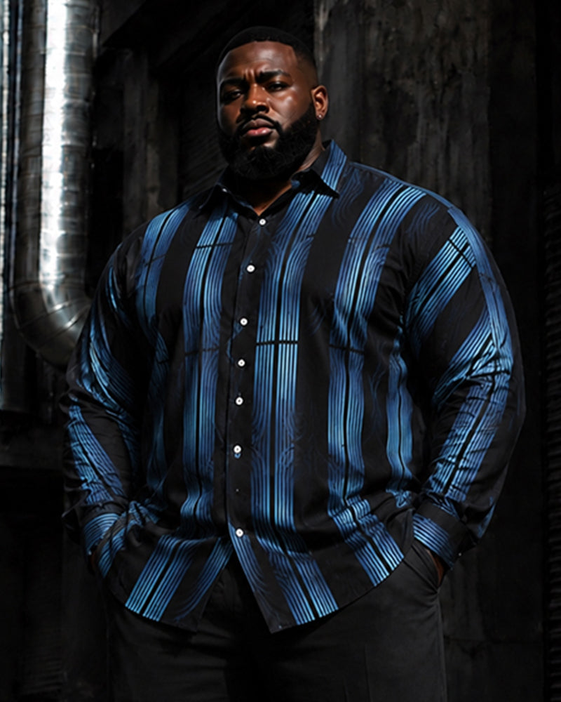 Big & Tall Men's Blue And Black Vertical Stripe Print Long Sleeve Shirt Pants Set