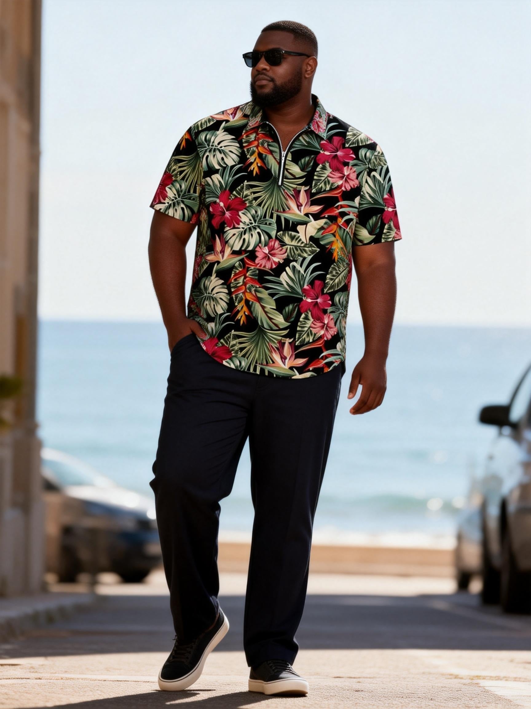 Big & Tall Men's Tropical Floral Print Zipper Polo Short Sleeve Pants Set