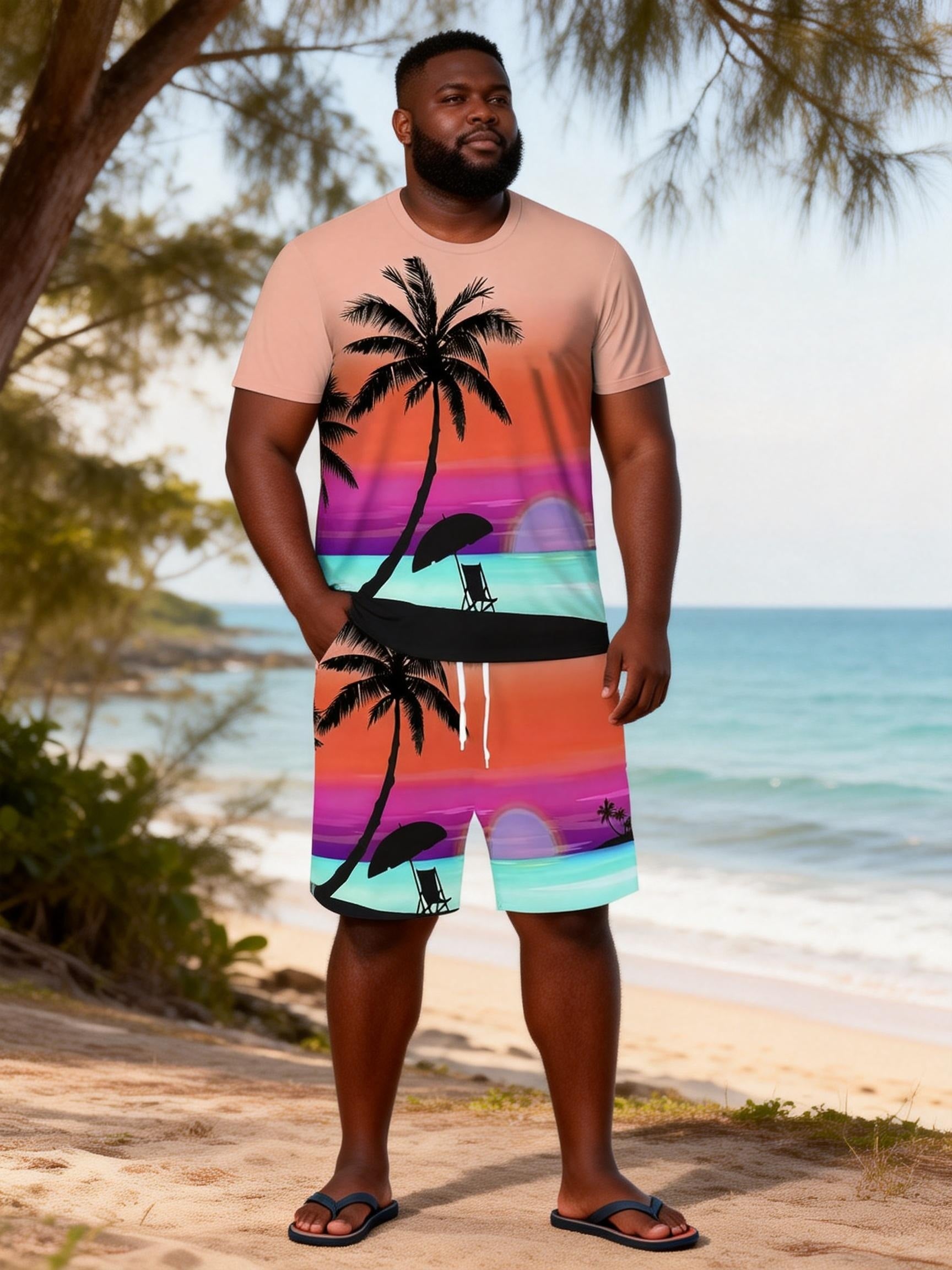 Big & Tall Men's Rainbow Sunset Coconut Print Round Neck Short Sleeve T-Shirt Shorts Set