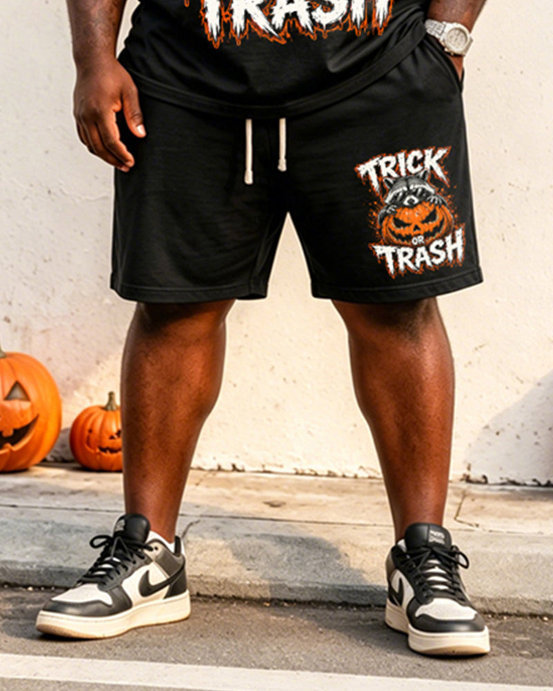 Big & Tall Men's Halloween Raccoon Pumpkin TRICK OR TRASH Printed Round Neck Short Sleeve T-Shirt Shorts Set
