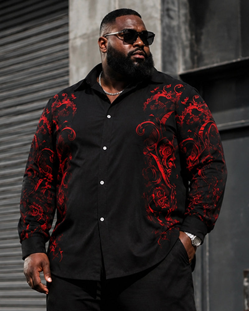 Big & Tall Men's Black And Red Print Long Sleeve Shirt Pants Set