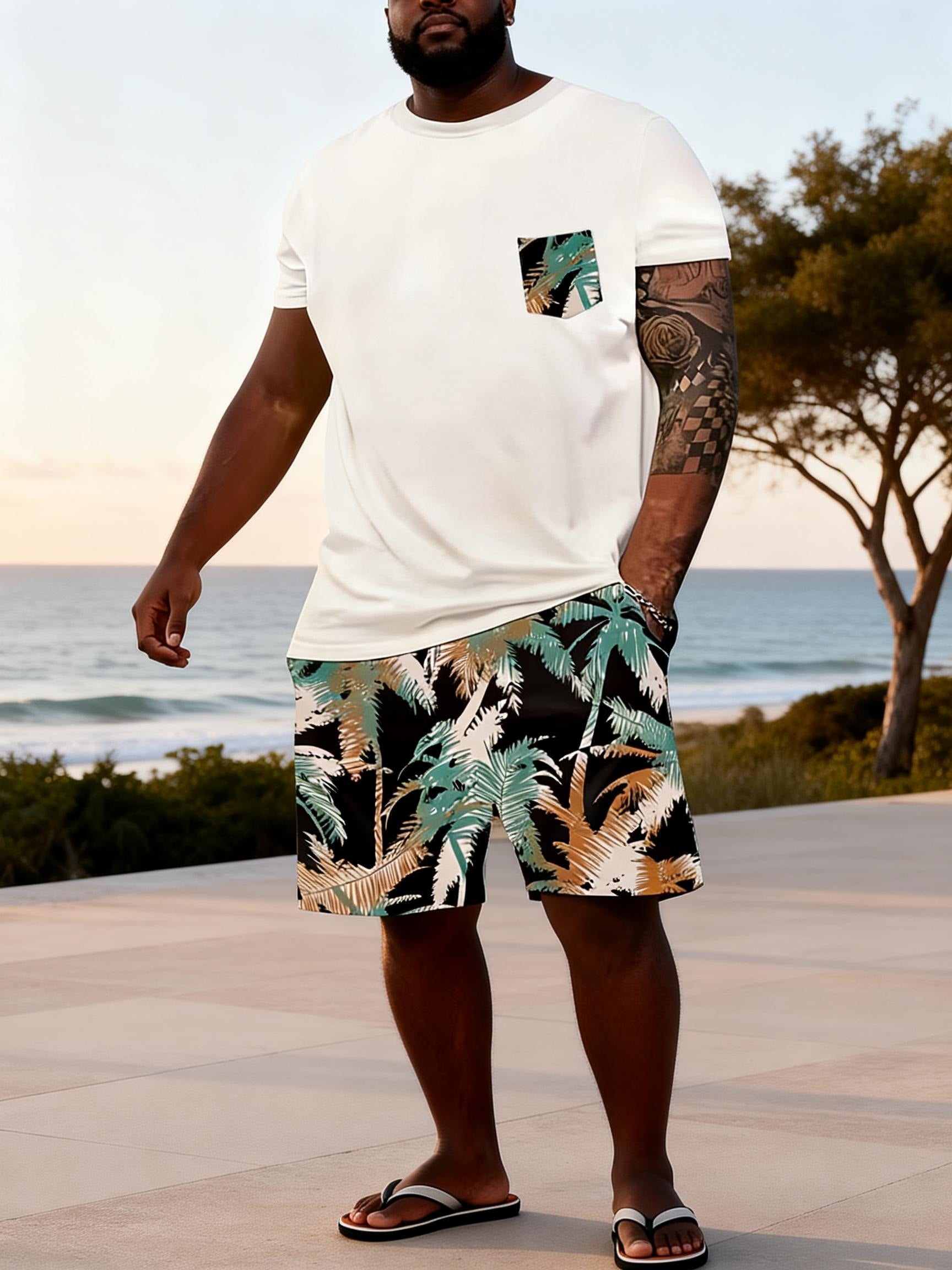 Big & Tall Men's Tropical Palm Print Round Neck Short Sleeve T-Shirt Shorts Set