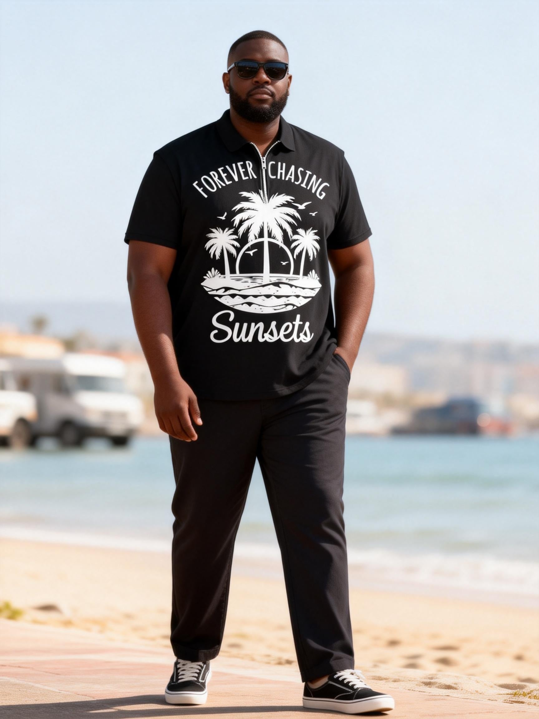 Big & Tall Men's Sun-chasing Coconut Tree Printed Zipper Polo Short-sleeved Pants Set