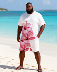 Big & Tall Men's Summer Hibiscus Flower Printed Crewneck Short Sleeve T-Shirt Shorts Set
